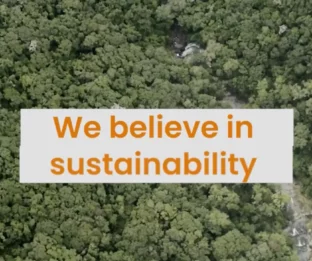 Aerial view of dense forest with overlaid text reading 'We believe in sustainability'